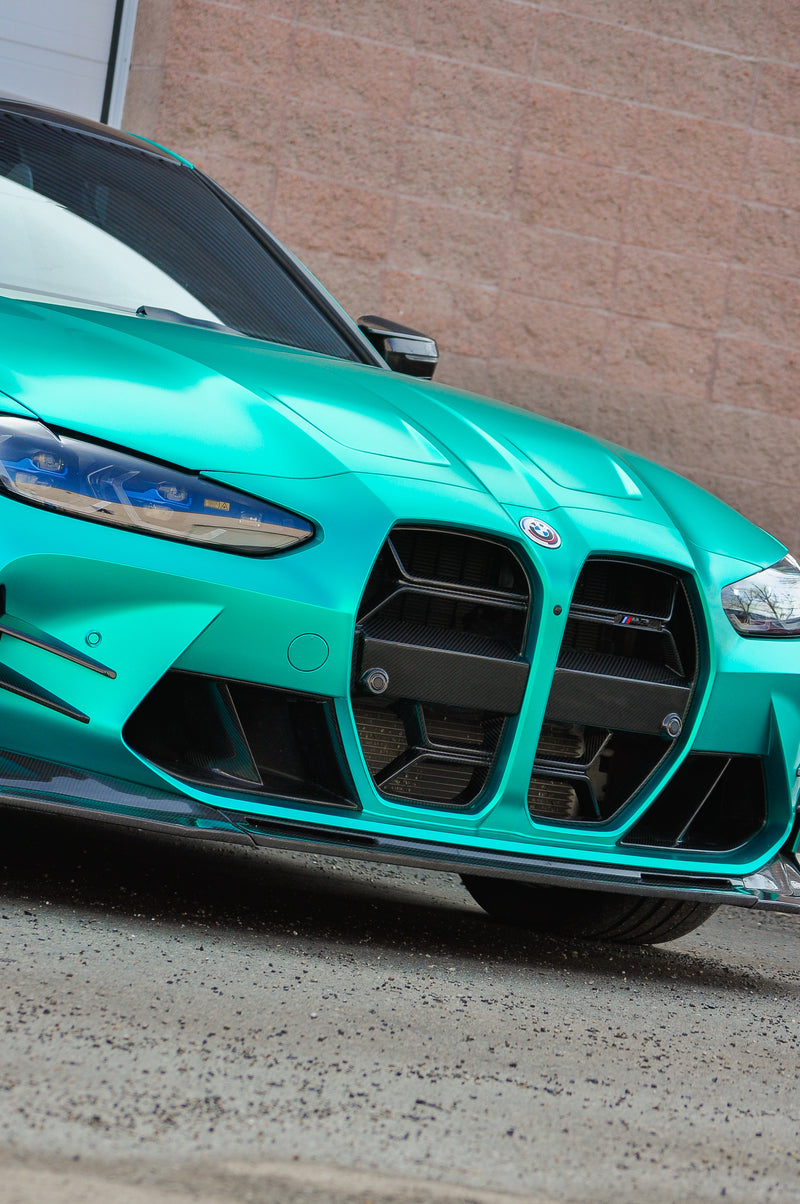 Front detail of BMW M3 Competition with matte chrome emerald green coloured PPF wrap Calgary by Wraptors, premium car wraps Calgary


