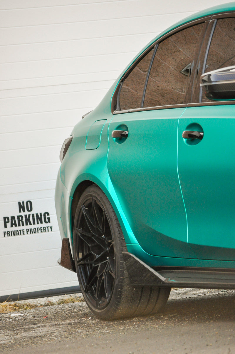 Side panel close up BMW M3 matte chrome emerald green coloured PPF wrap Calgary, premium vinyl wrap Calgary finish