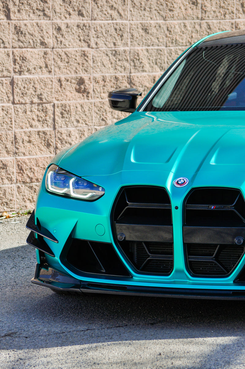 BMW M3 Competition front end detail, wrapped in Wraptors Premium film coloured ppf