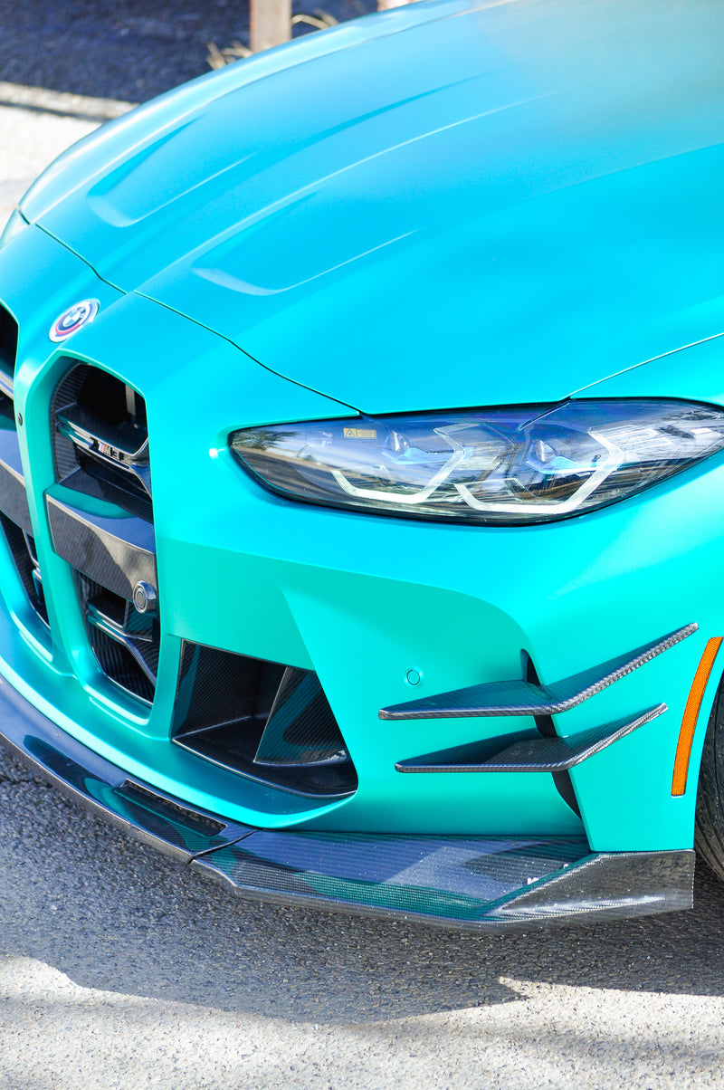 BMW M3 headlight and front end detail emerald green coloured PPF wrap Calgary, high end car wraps Calgary installation